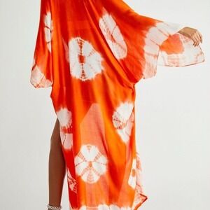 Free People Spellbound Tie Dye Kimono Duster‎ Orange Viscose Boho Beach Cover Up